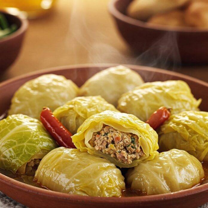 Traditional Lebanese malfouf cabbage rolls simmering in garlic broth