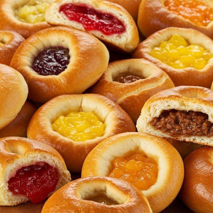 Freshly baked kolache assortment with sausage, apricot and poppy seed fillings on wooden board