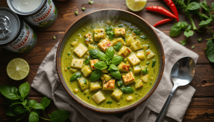 Vibrant vegan Thai green curry with coconut milk, tofu, and fresh veggies in a bowl – 20-minute easy recipe Vibrant vegan Thai green curry with coconut milk, tofu, and fresh veggies in a bowl – 20-minute easy recipe