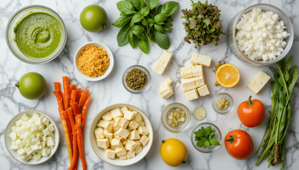 Simple ingredients for 20-minute vegan Thai green curry with coconut milk.