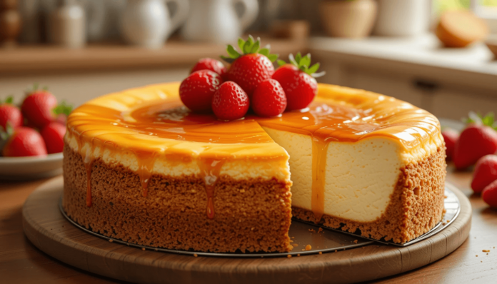 piclumen-1743662334090 "Classic New York Cheesecake with strawberry topping and caramel drizzle on a marble table."