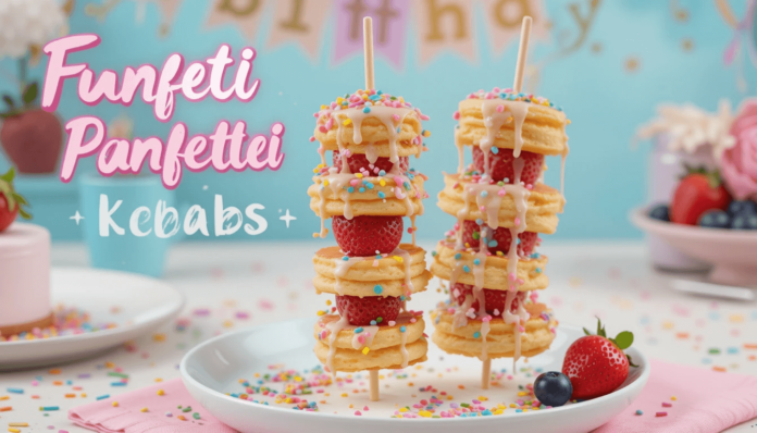 piclumen-1743664825097 Colorful Funfetti Pancake Kebabs with rainbow sprinkles, fresh berries, and vanilla glaze on a pastel plate for birthday celebrations