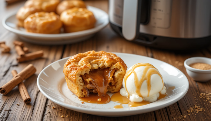 Crispy air fryer apple pie rolls with caramel drizzle and vanilla ice cream on a rustic table