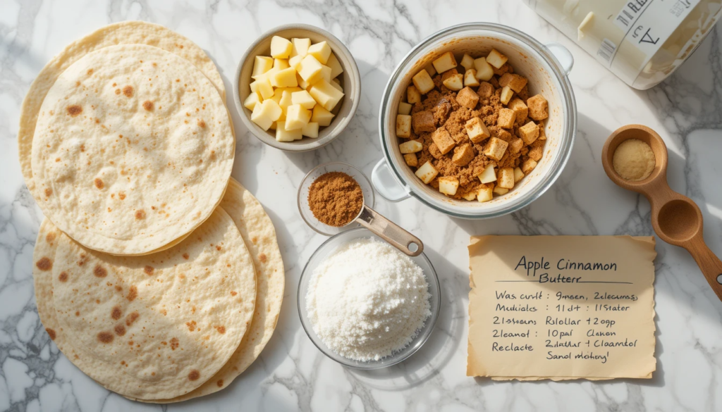 Ingredients for easy air fryer apple pie rolls: tortillas, apples, cinnamon, and sugar