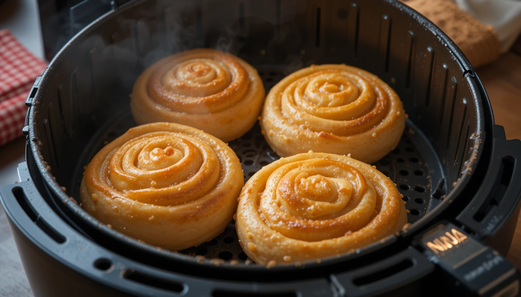 Air fryer apple pie rolls cooking to golden perfection in a Ninja air fryer