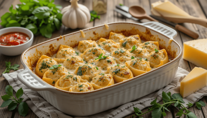 Spinach and Ricotta Stuffed Shells (vegetarian, crowd-pleaser) Golden spinach and ricotta stuffed shells with melted cheese and fresh basil in a rustic baking dish.