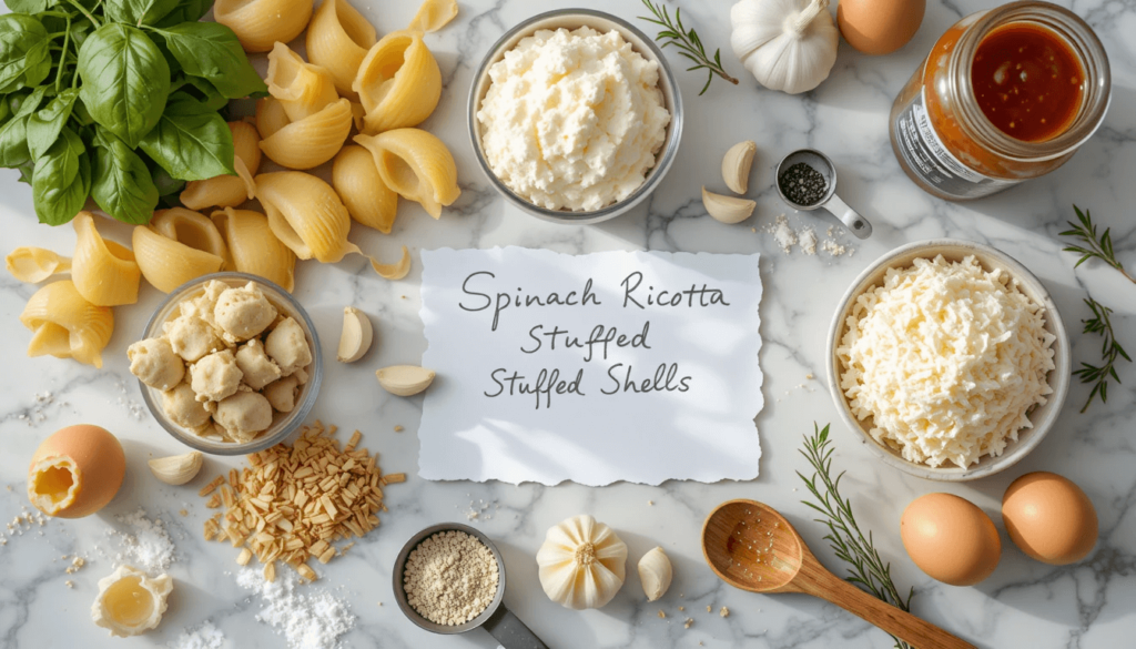 Ingredients for spinach ricotta stuffed shells: pasta, cheese, spinach, and marinara