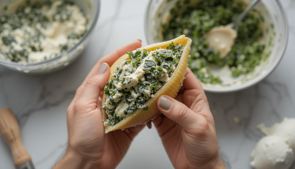 Stuffing pasta shells with creamy spinach and ricotta filling