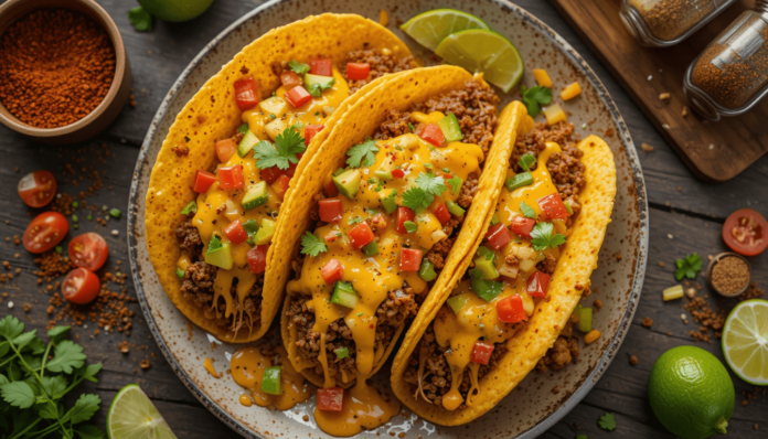 Cheesy beef tacos with homemade seasoning and fresh toppings on a rustic table