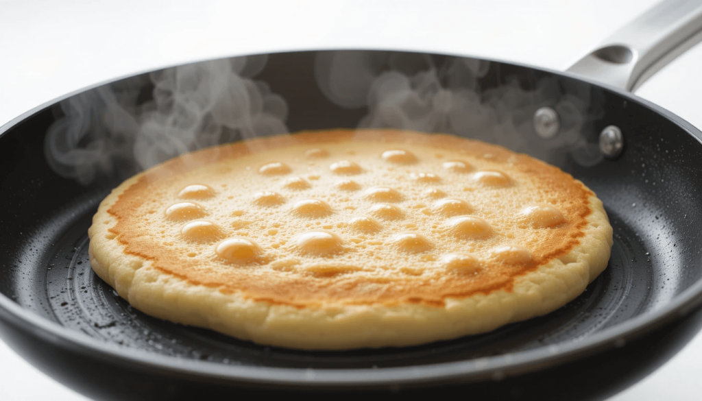 Cooking perfect high-protein pancakes on a non-stick pan – golden and fluffy.