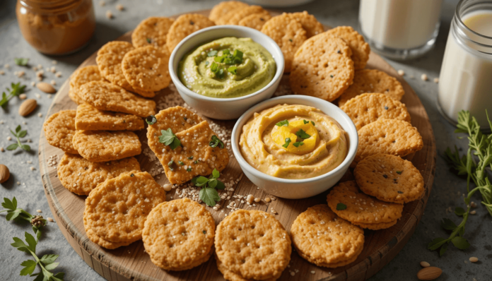 Homemade high-protein crackers with dips - gluten-free, 15g protein per serving