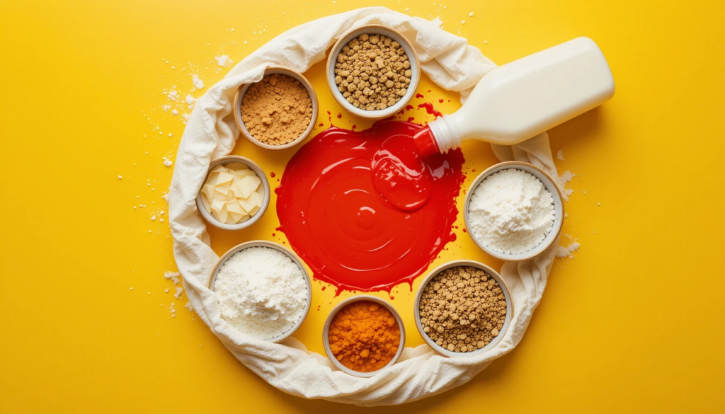 Ingredients for red velvet mug cake: flour, cocoa, milk, red food coloring.