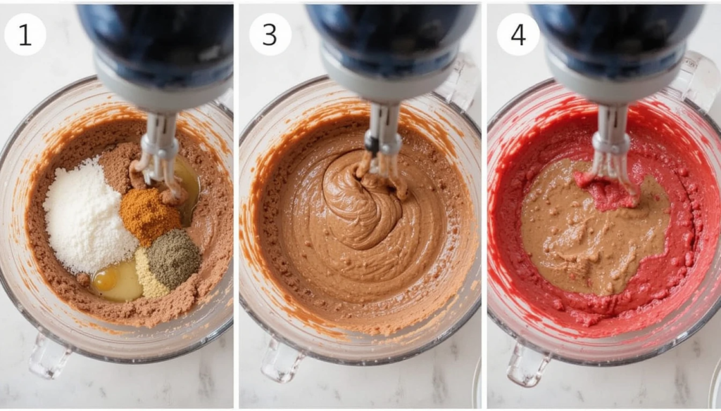 Red food coloring transforming mug cake batter to vibrant red.