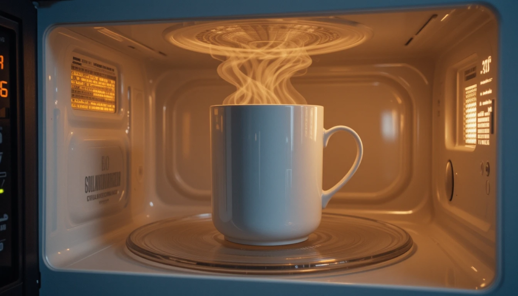 Red velvet mug cake cooking in microwave.