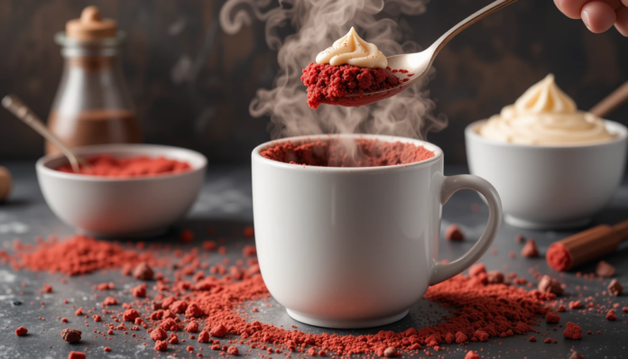 piclumen-1744280244399 Freshly microwaved red velvet mug cake in white mug with cream cheese swirl, steam rising from spoon