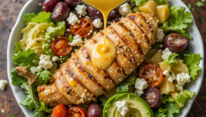 piclumen-1744280887429 Deconstructed BBQ chicken Cobb salad with grilled chicken, avocado, bacon, eggs and blue cheese crumbles arranged in sections.