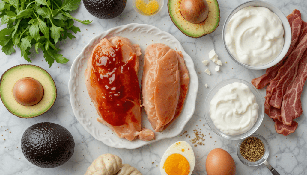 Ingredients for BBQ chicken Cobb salad: chicken, avocado, bacon, eggs, Greek yogurt.
