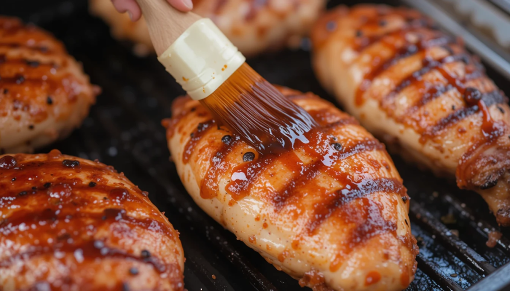 Grilling chicken breast with BBQ sauce for Cobb salad.