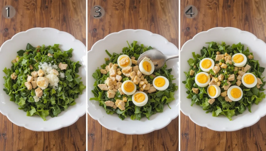 Step-by-step assembly of BBQ chicken Cobb salad.