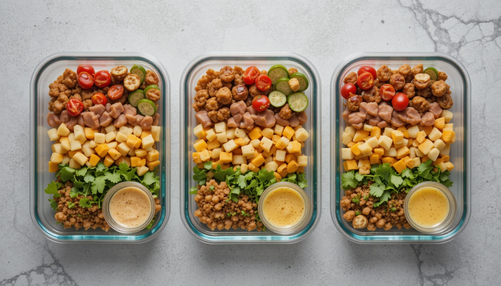Meal prep BBQ chicken Cobb salads in containers.