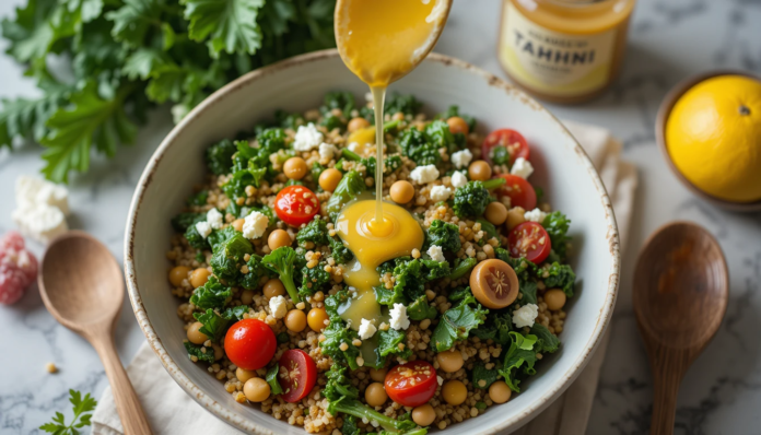 piclumen-1744358825176 Vibrant quinoa kale salad with creamy lemon tahini dressing in white bowl - healthy superfood meal.