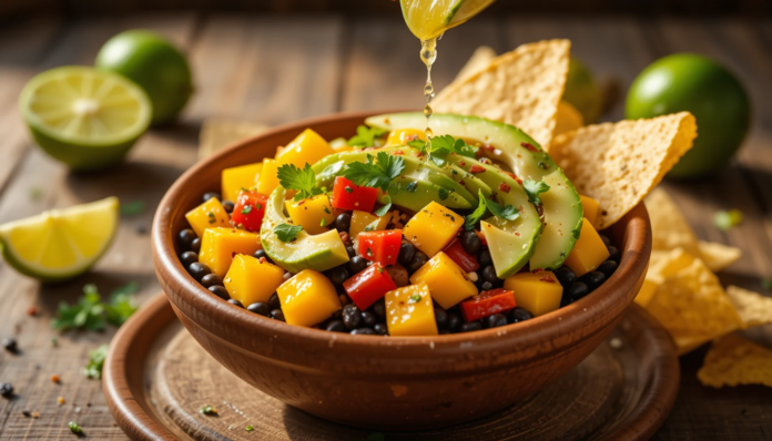 piclumen-1744359773070 Vibrant mango black bean salad with lime dressing in terracotta bowl - refreshing tropical summer recipe.