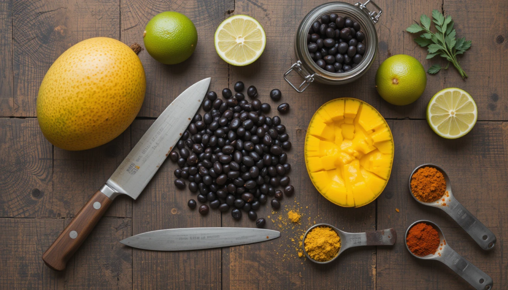 Fresh ingredients for tropical mango black bean salad with spices