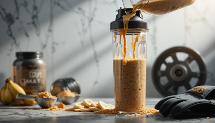 piclumen-1744390160239 Creamy peanut butter banana protein smoothie being poured into shaker bottle - perfect post-workout recovery drink with 20g protein