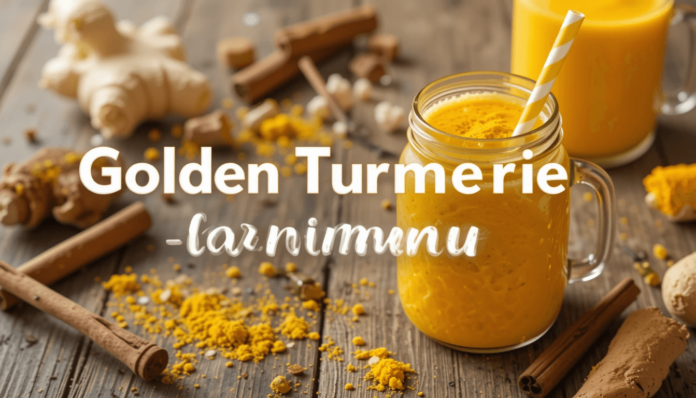 piclumen-1744439754733 Creamy golden turmeric smoothie in a jar with fresh turmeric and ginger, ready to boost immunity