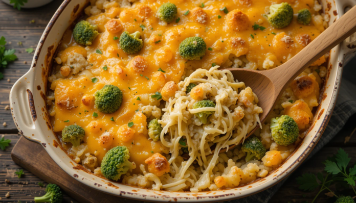 piclumen-1744475801869 Cheesy Chicken and Broccoli Rice Casserole fresh from the oven - a creamy, protein-packed comfort food perfect for weeknight dinners