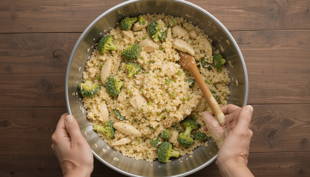Combining ingredients for easy chicken broccoli casserole