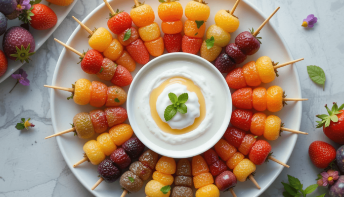 Colorful rainbow fruit skewers with creamy yogurt dip, a healthy and fun snack for kids and adults.