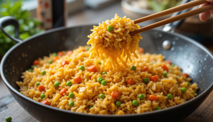 Easy egg fried rice with colorful frozen veggies in a wok – quick budget meal recipe