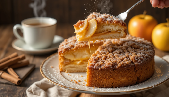 piclumen-1744621829475 Warm slice of authentic German Apfelkuchen with cinnamon-spiced apples and crumbly streusel topping, served on a rustic wooden table