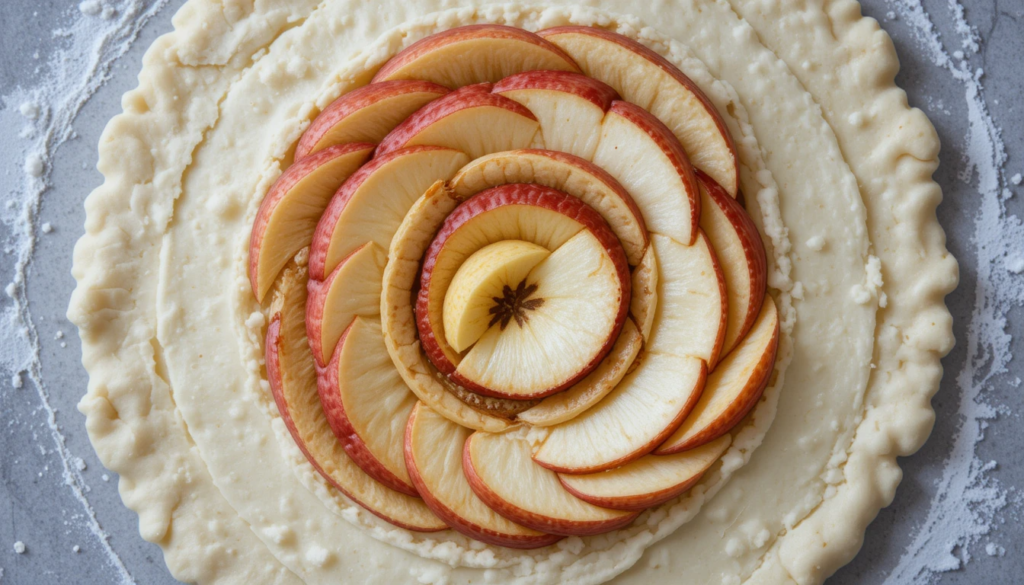 Thinly sliced apples arranged in concentric circles for traditional Apfelkuchen.