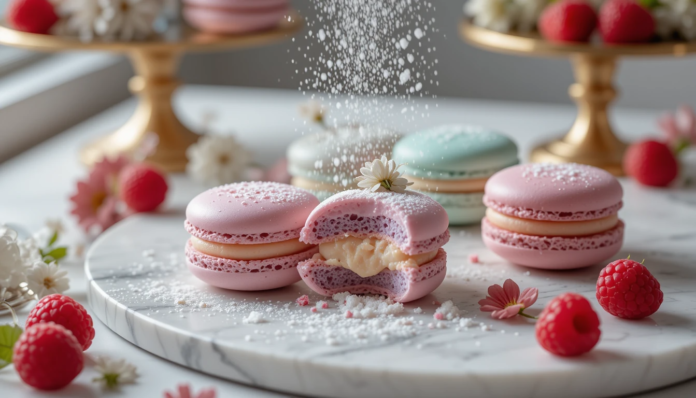 piclumen-1744623122810 Perfect French macarons with crisp shells and creamy filling on marble surface - foolproof recipe for delicate cookies