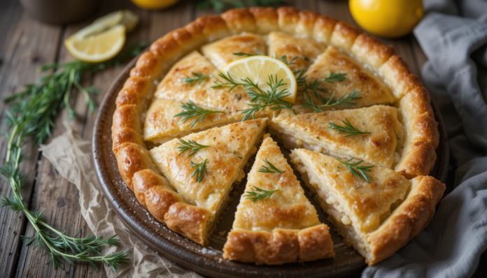 piclumen-1744695367878 Freshly baked Finnish Salmon and Dill Pie with flaky crust and creamy filling, garnished with dill and lemon