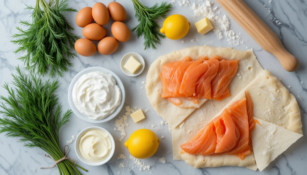 Fresh ingredients for Finnish Salmon and Dill Pie including salmon, dill, and puff pastry.