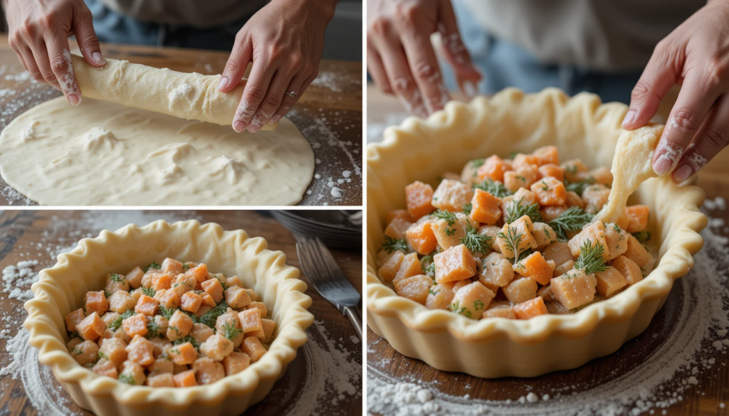 Assembling Finnish Salmon Pie: layering salmon and dill filling into pastry.