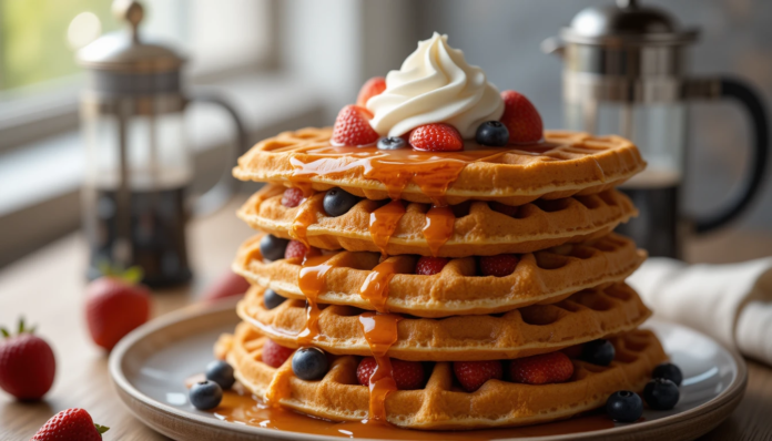 piclumen-1744696876157 Stack of authentic Belgian waffles with maple syrup, fresh berries, and whipped cream on wooden table