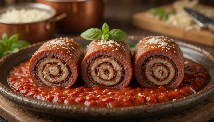 piclumen-1744697447832 Traditional Italian beef roulade sliced to show stuffed layers with tomato sauce and basil garnish