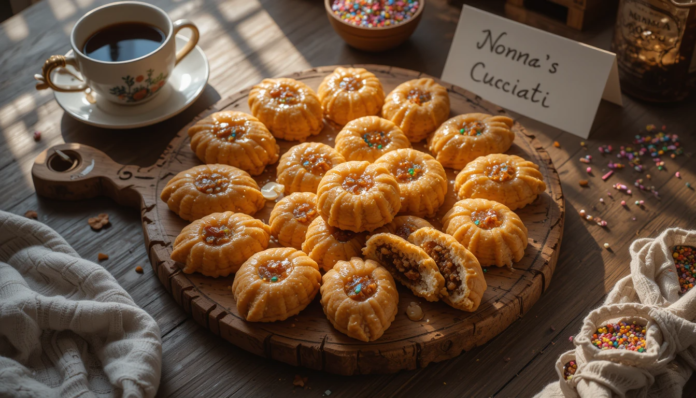 piclumen-1744698001912 Traditional Sicilian cuccidati fig cookies with citrus glaze and sprinkles on wooden board