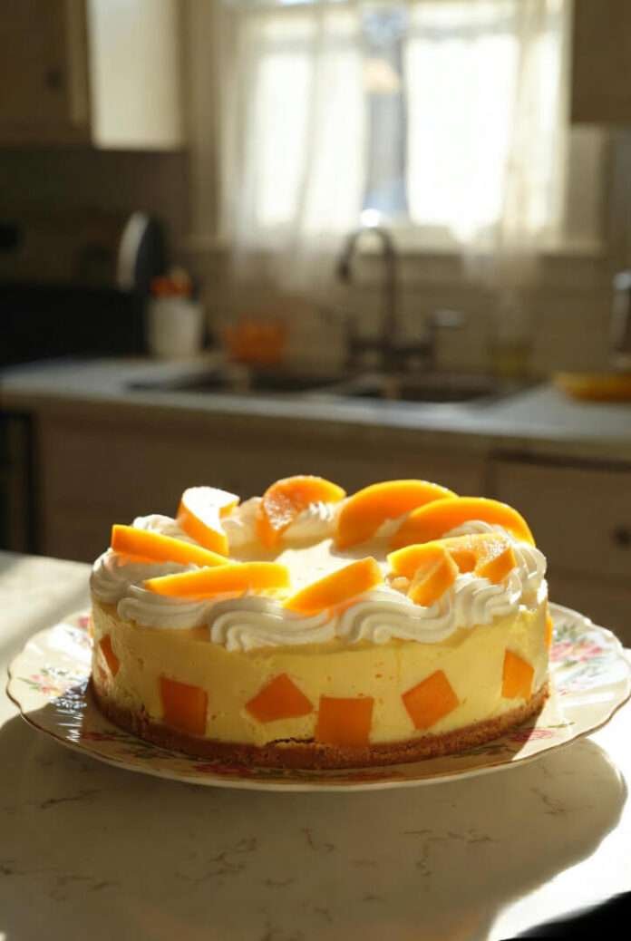 a no-bake icebox mango pie on a vintage ceramic plate, set on a sunlit Queens kitchen countertop.