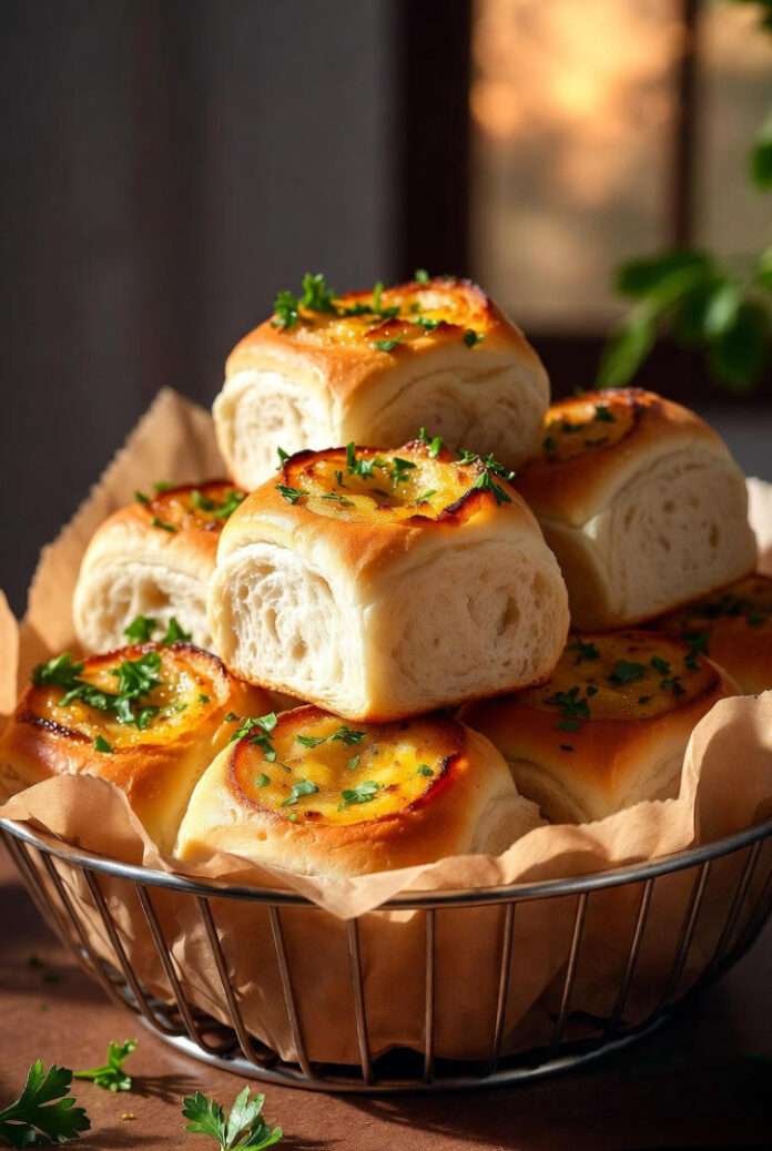 warm garlic rolls piled in a metal basket lined with parchment. warm garlic rolls piled in a metal basket lined with parchment.