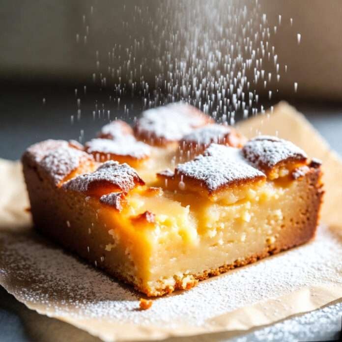 a partially sliced gooey butter cake in a metal baking pan, crumbs everywher a partially sliced gooey butter cake in a metal baking pan, crumbs everywhere