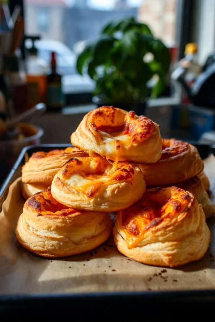 golden-brown pizza puffs piled casually on a parchment-lined baking tray. golden-brown pizza puffs piled casually on a parchment-lined baking tray.
