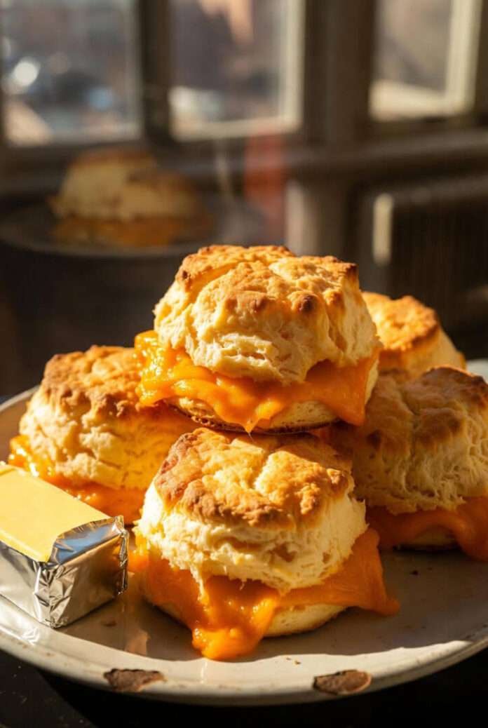 warm cheddar biscuits piled on a chipped ceramic plate warm cheddar biscuits piled on a chipped ceramic plate