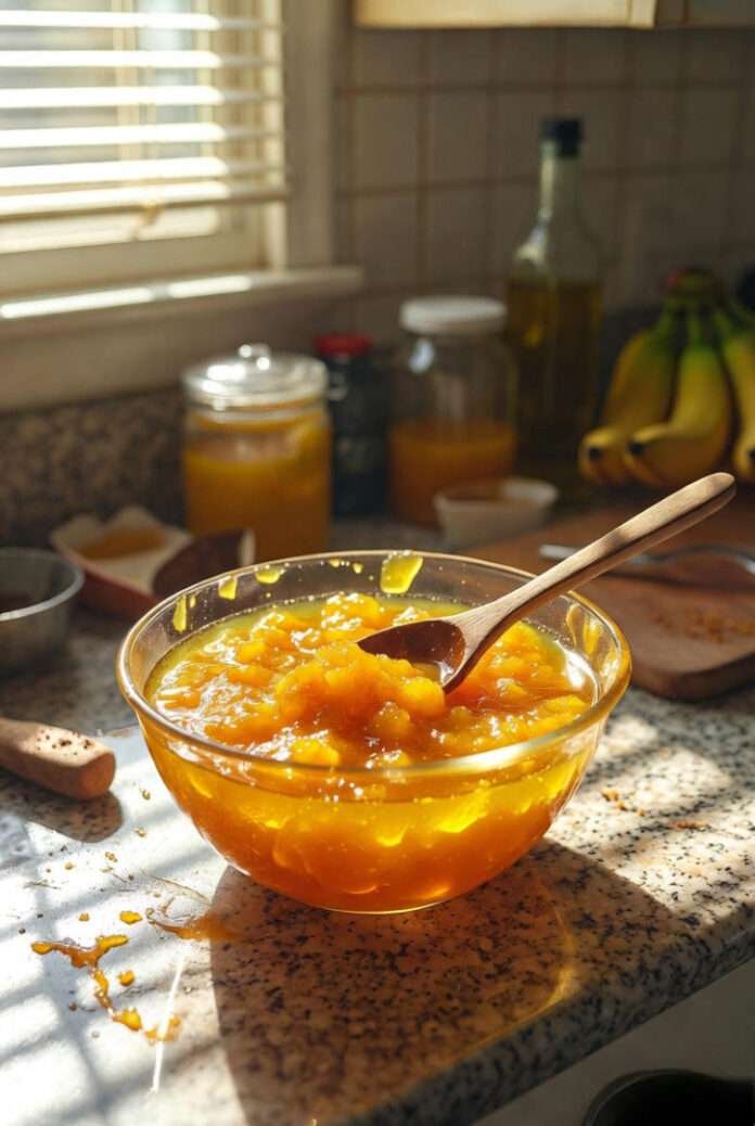 A bowl of glossy mango sweet chutney with a wooden spoon sticking out at an angle, set on a cluttered Queens kitchen countertop with sunlight streaming through blinds A bowl of glossy mango sweet chutney with a wooden spoon sticking out at an angle, set on a cluttered Queens kitchen countertop with sunlight streaming through blinds
