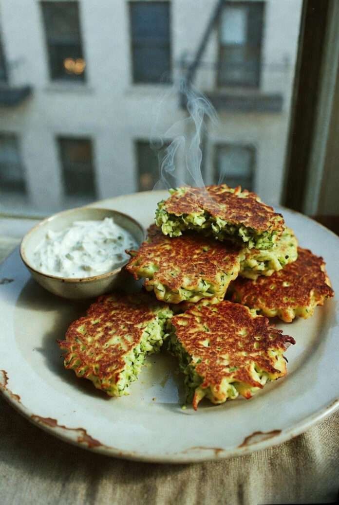 crispy zucchini fritters stacked casually on a chipped ceramic plate. crispy zucchini fritters stacked casually on a chipped ceramic plate.