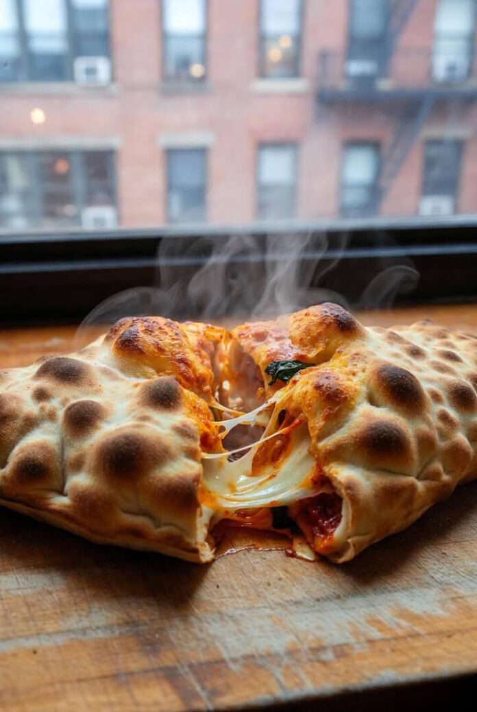 a golden-brown calzone sliced open on a scratched wooden kitchen table. a golden-brown calzone sliced open on a scratched wooden kitchen table.